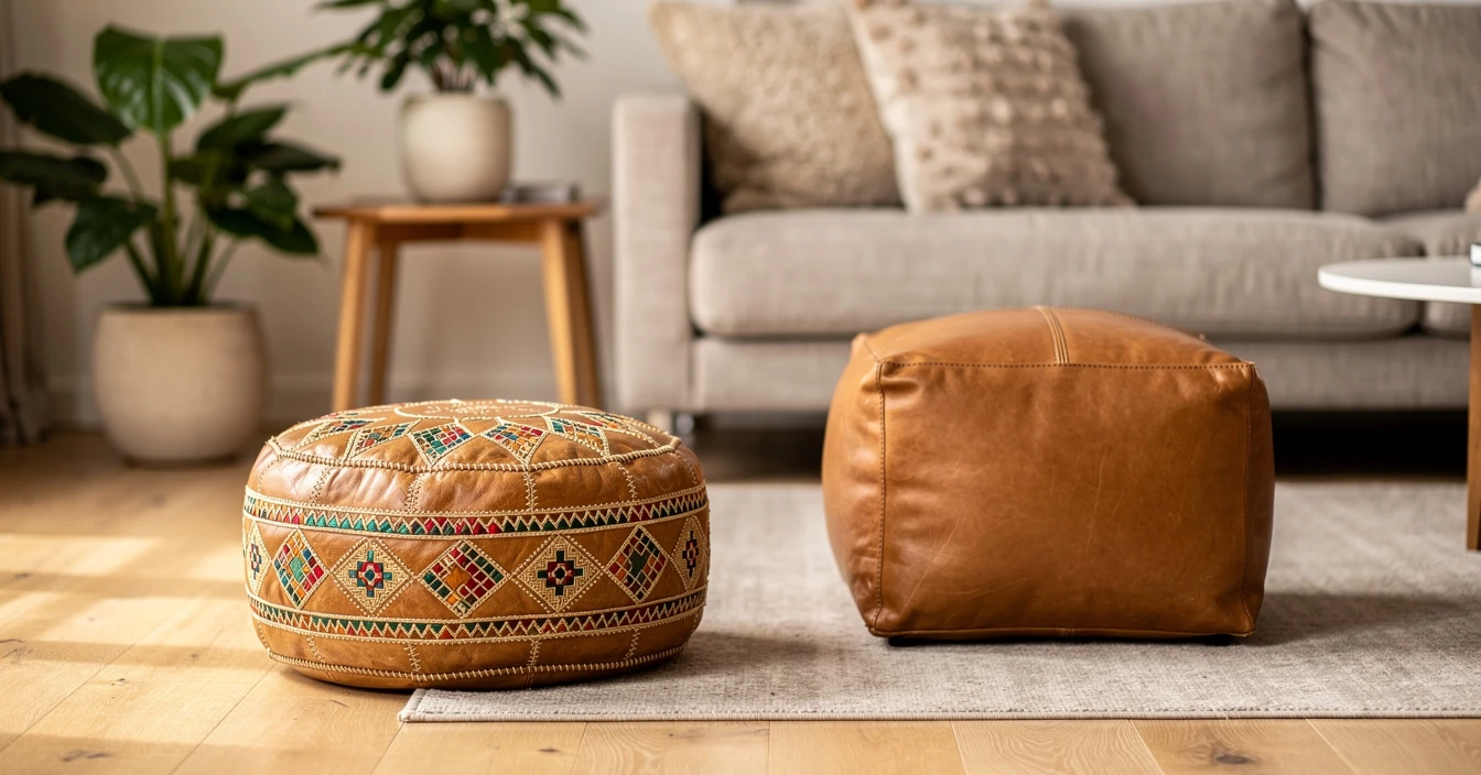 Pouf marocain en cuir artisanal dans salon contemporain chaleureux, inspiration achat mobilier déco réussie
