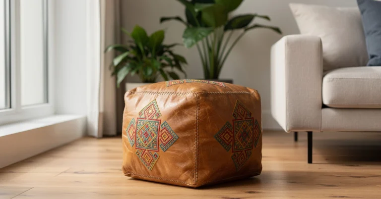 Pouf marocain en cuir artisanal brodé dans salon contemporain minimaliste