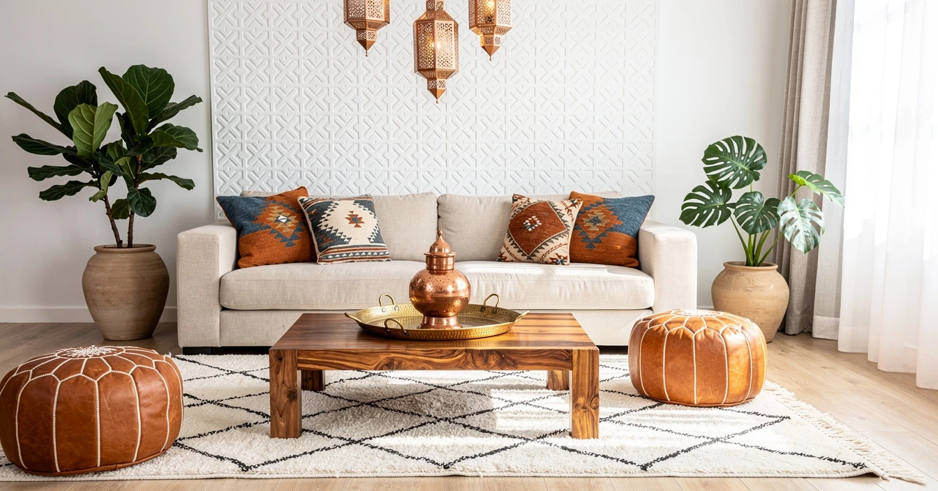 Salon contemporain décoration marocaine moderne tapis berbère Beni Ouarain blanc poufs cuir fassi cognac zellige mural blanc lanternes cuivre plantes vertes lumière naturelle palette neutre