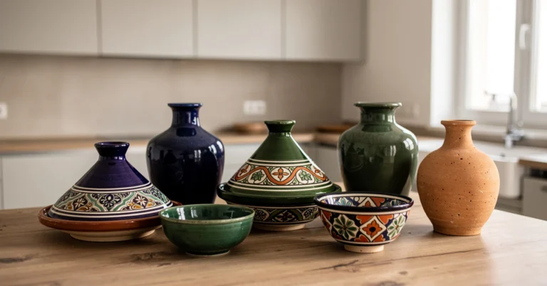 Collection de poterie marocaine artisanale dans cuisine contemporaine, tajine et céramiques colorées