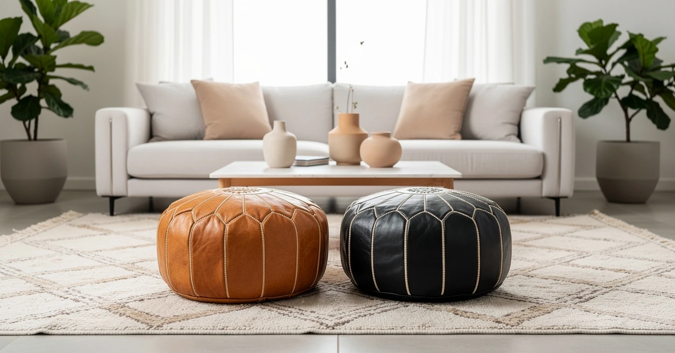 Duo de poufs marocains cuir naturel et noir dans intérieur bohème contemporain