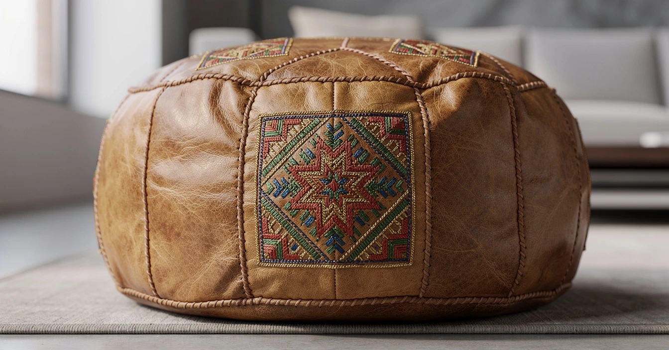 Détail pouf marocain artisanal, cuir tanné couture main et broderies traditionnelles