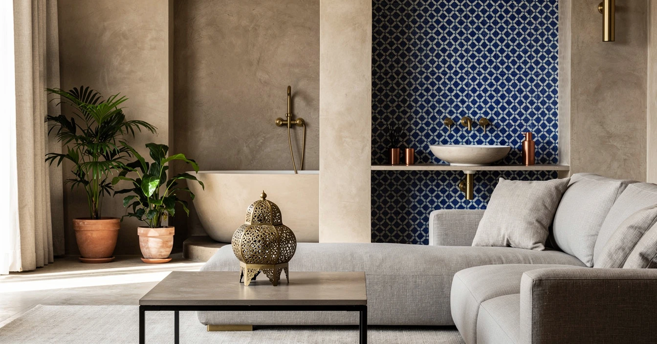 Décoration marocaine salle de bain contemporaine zellige bleu blanc tadelakt hammam inspiration moderne