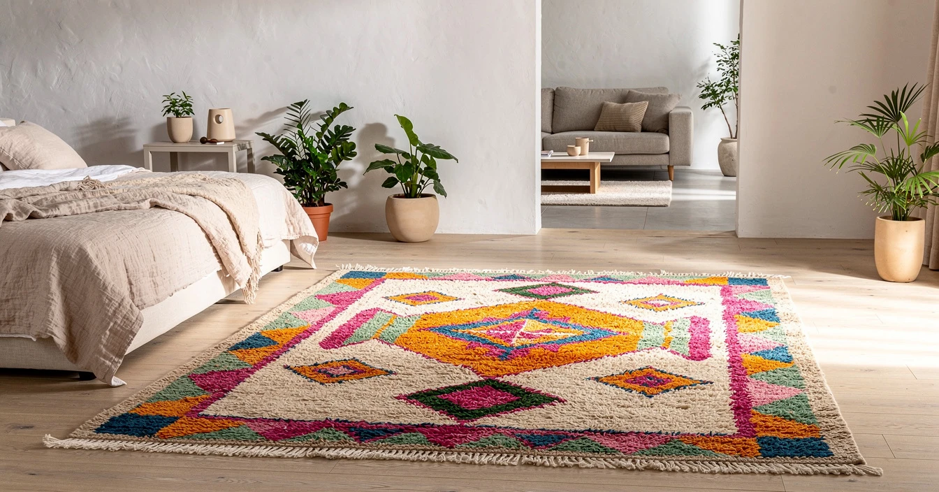 Tapis berbère Azilal coloré dans chambre bohème contemporaine, inspiration achat style ethnique chic
