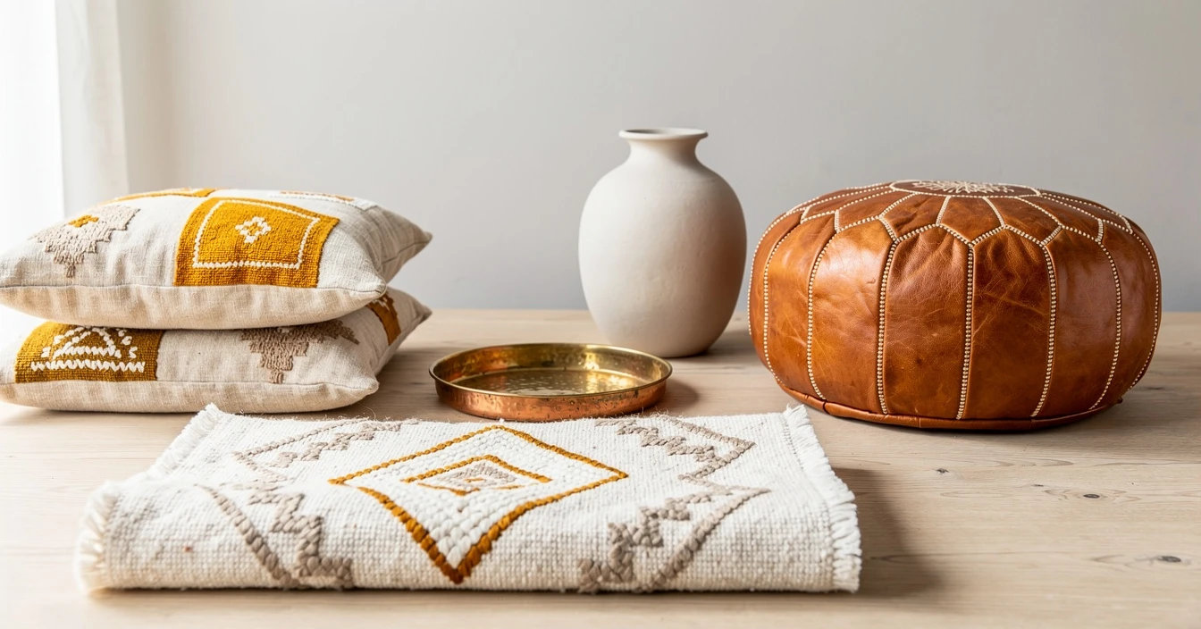 Détails artisanat marocain décoration moderne textile berbère kilim géométrique pouf cuir fassi plateau cuivre martelé céramique artisanale vase coussins lin tons neutres