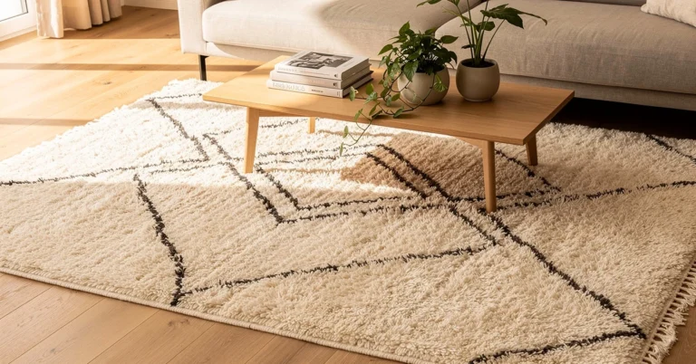 Tapis berbère Beni Ouarain authentique dans salon contemporain chaleureux, inspiration achat déco réussie