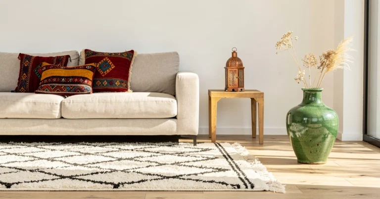 Décoration marocaine contemporaine salon avec tapis Beni Ouarain coussins brodés poterie inspiration moderne