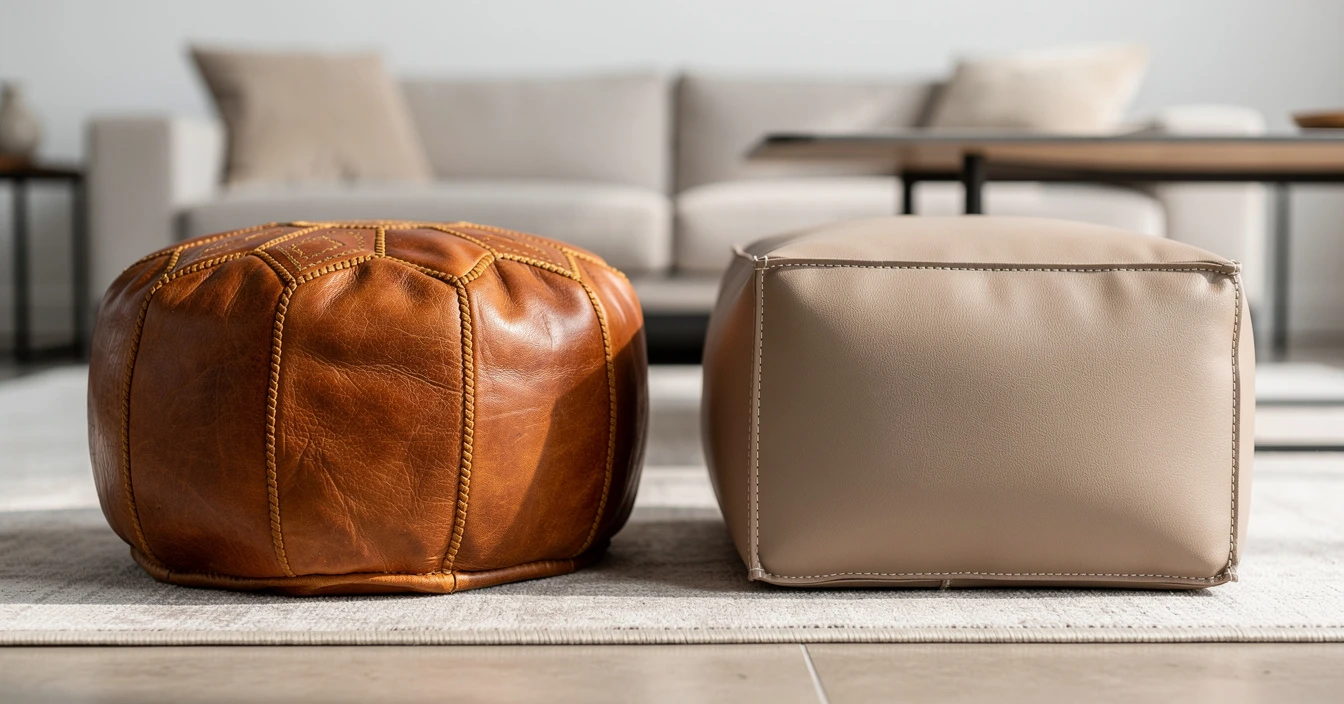 Critères authenticité pouf marocain, cuir véritable artisanal vs simili-cuir pour guide achat