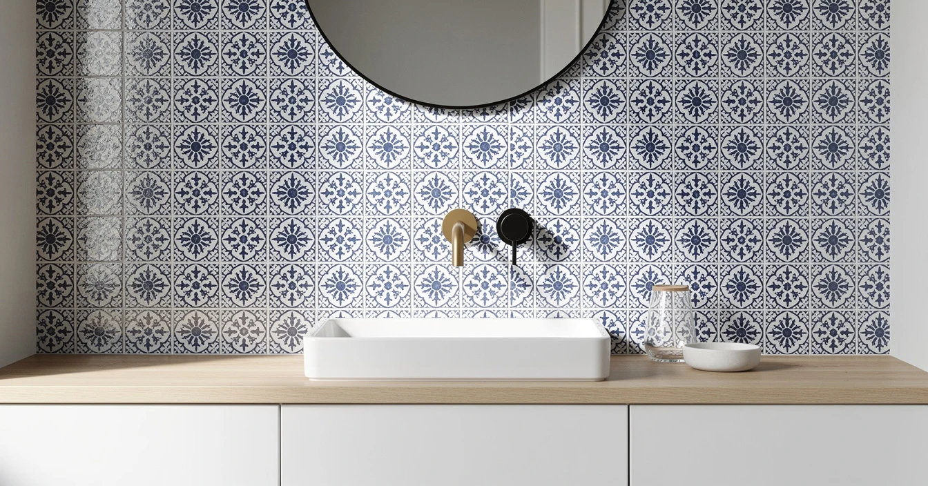 Crédence zellige marocain bleu et blanc dans cuisine contemporaine minimaliste, mosaïque artisanale