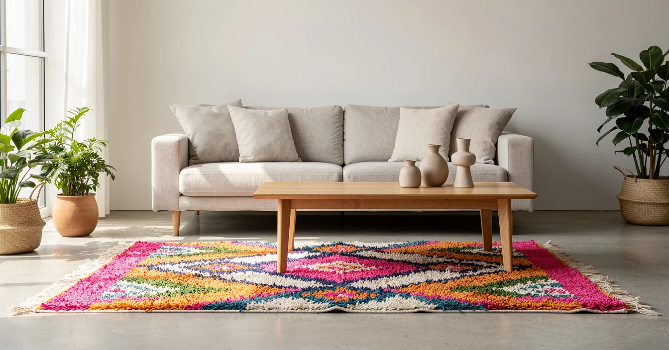 Tapis berbère Azilal ou Boucherouite coloré dans intérieur bohème contemporain, décoration ethnique chic