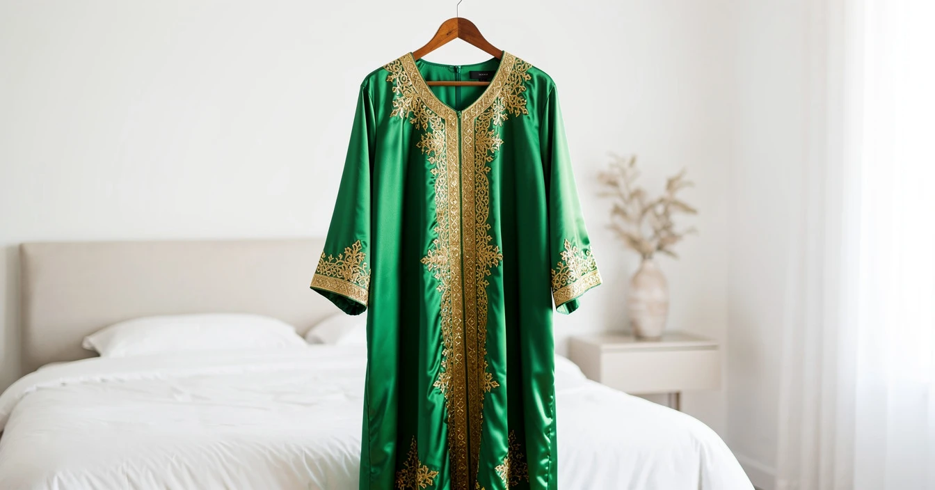 Djellaba pour femme festive moderne émeraude soie satin broderies sfifa dorées élaborées cérémonie cintre chambre lumineuse