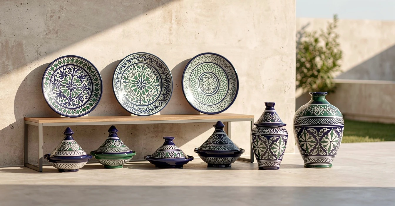 Céramique Fès bleue verte poterie plats tajines jarres vases tradition artisanale marocaine