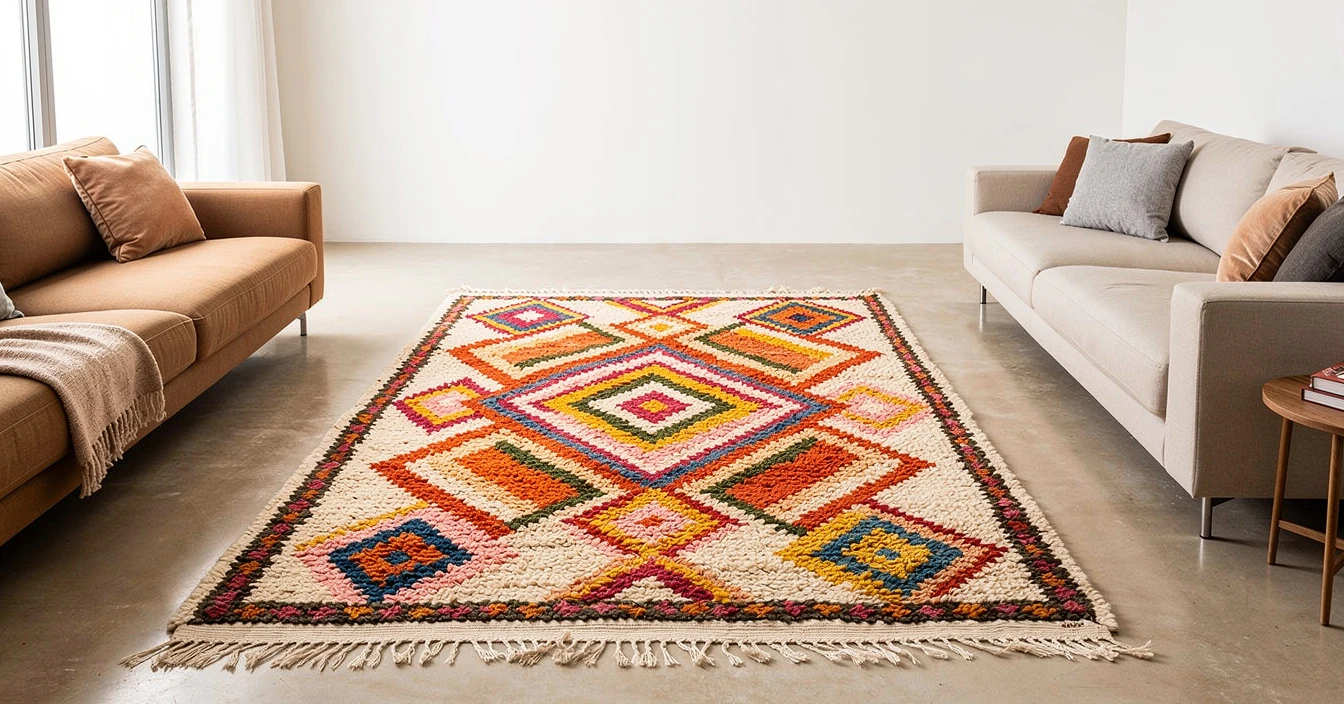 Tapis berbère Azilal coloré multicolore abstrait géométrique rouge orange jaune bleu vert laine tissée main artisanat textile berbère Atlas créatif artistique bohème