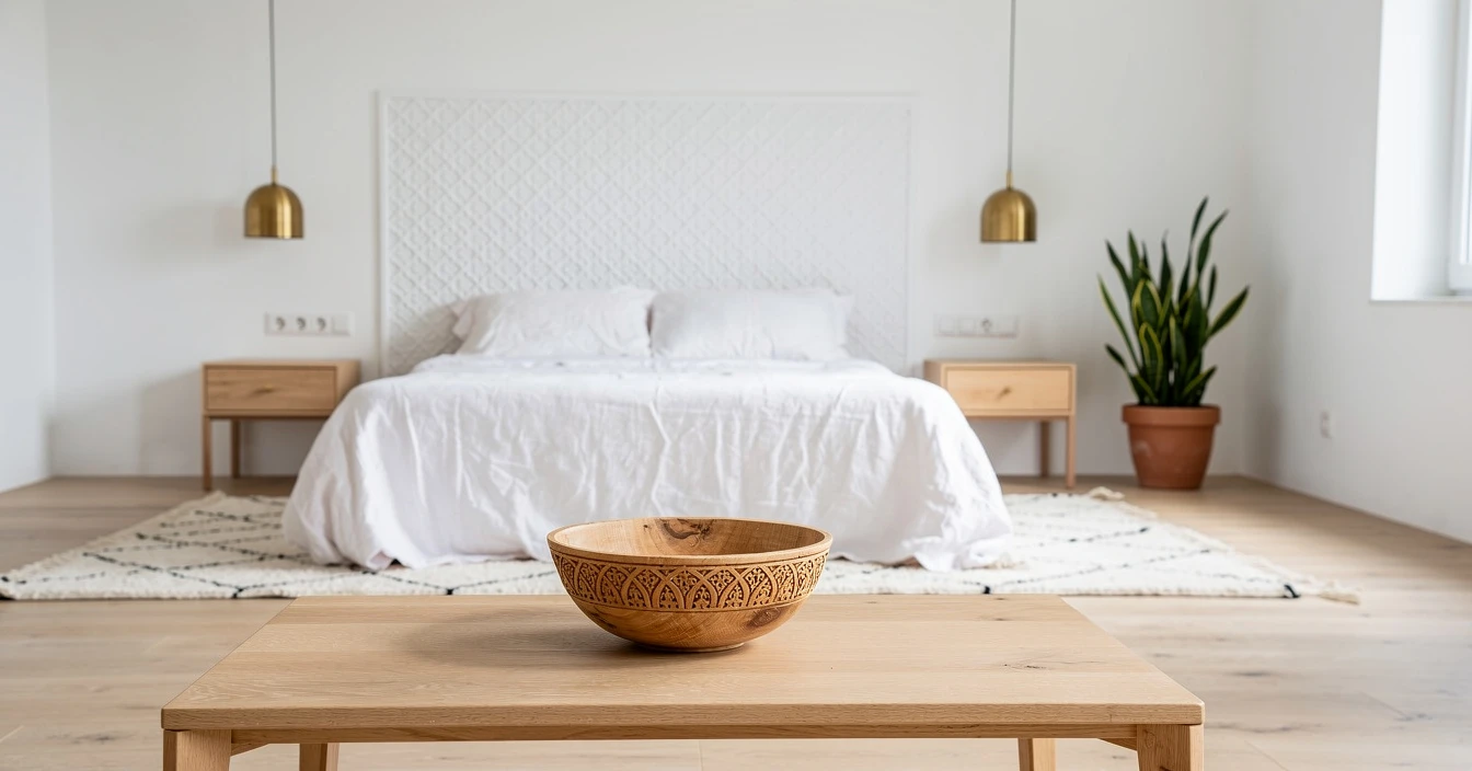 Décoration marocaine moderne chambre minimaliste zellige tête lit tapis Beni Ouarain luminaires laiton