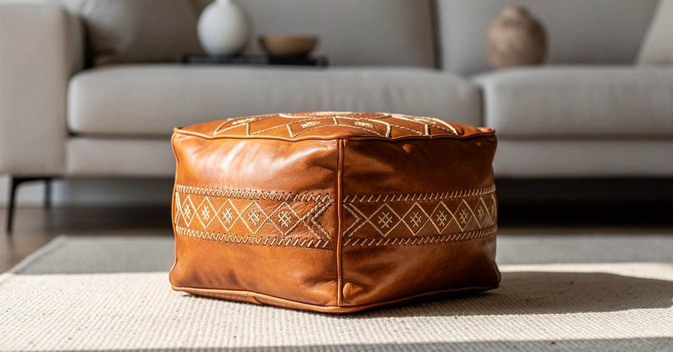 Détails guide pouf marocain cuir naturel tannage traditionnel coutures manuelles broderies artisanat maroquinerie qualité