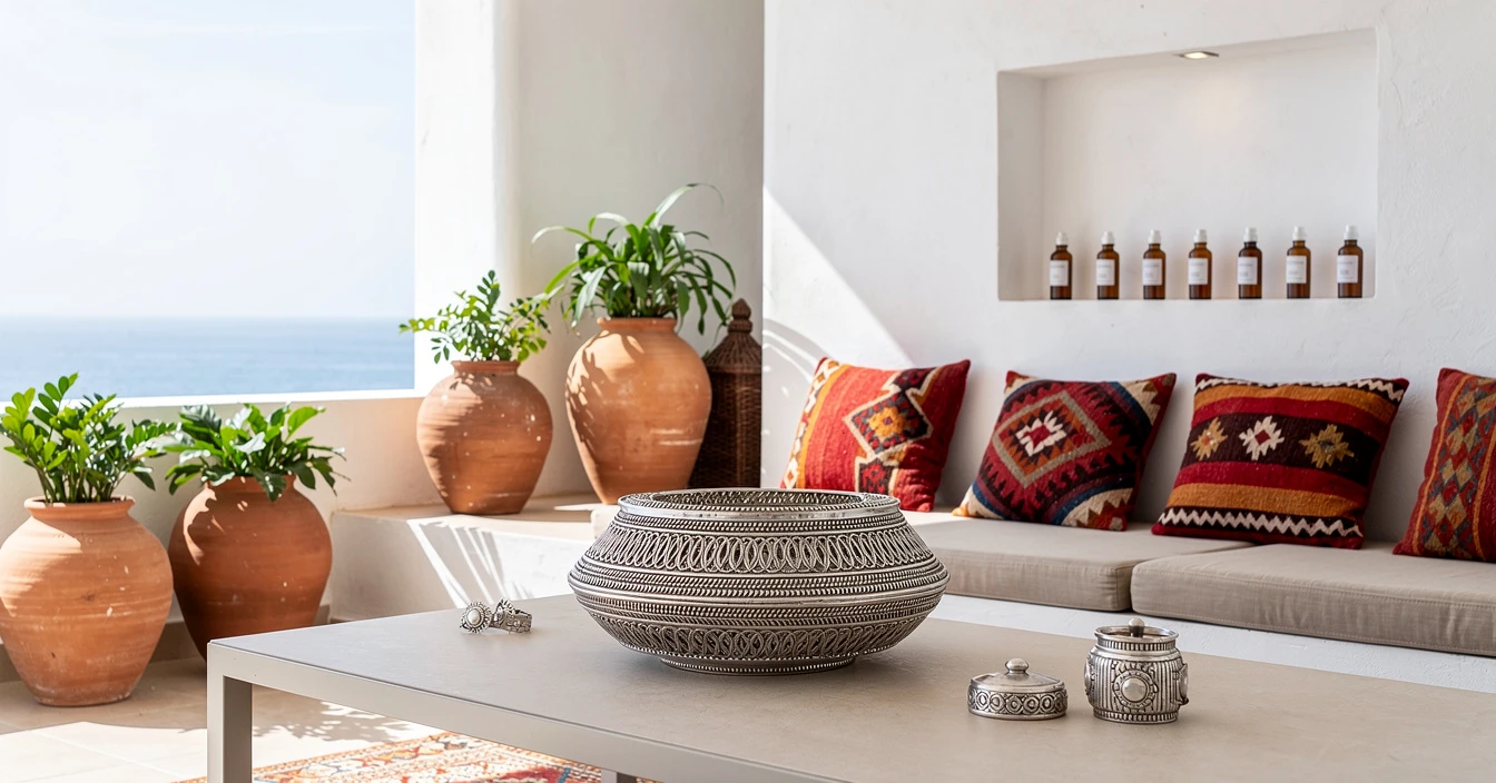 Agadir intérieur moderne côtier décoration artisanat berbère Souss kilim coussins rouge orange poterie plantes argane bijoux murs blancs lumière naturelle