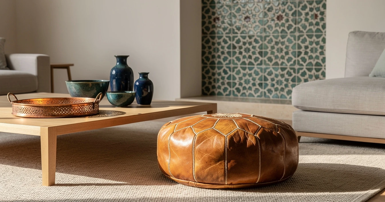 Collection artisanat Marrakech souks pouf cuir dinanderie céramique zellige tradition artisanale