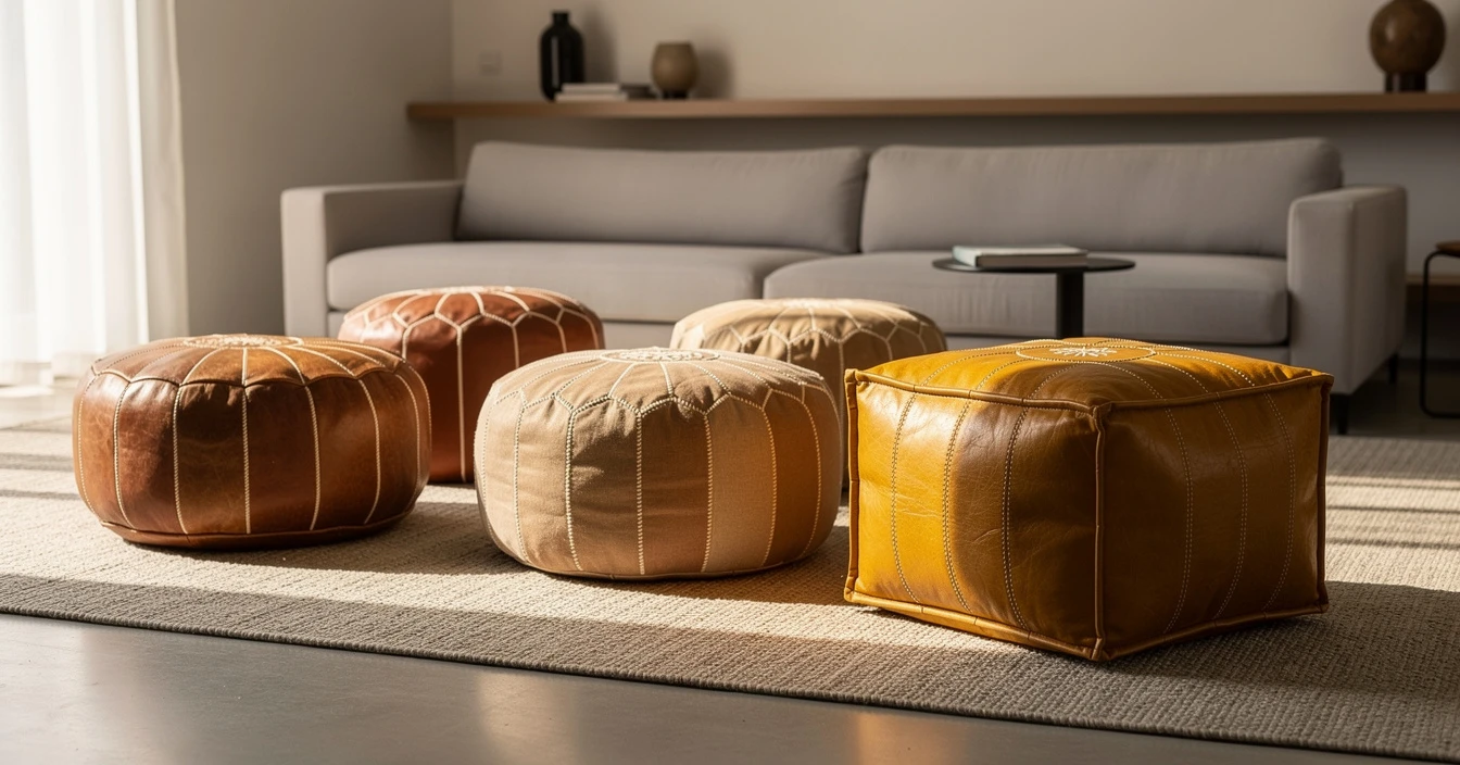 Guide pouf marocain variété formes rondes carrées cuirs naturels marron beige jaune artisanat maroquinerie authentique