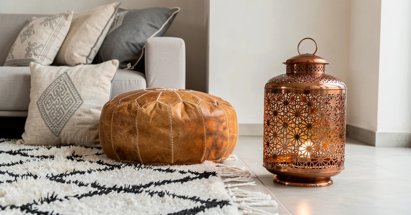 Détails salon marocain moderne tapis Beni Ouarain laine coussins brodés lin pouf cuir luminaire cuivre artisanat qualité