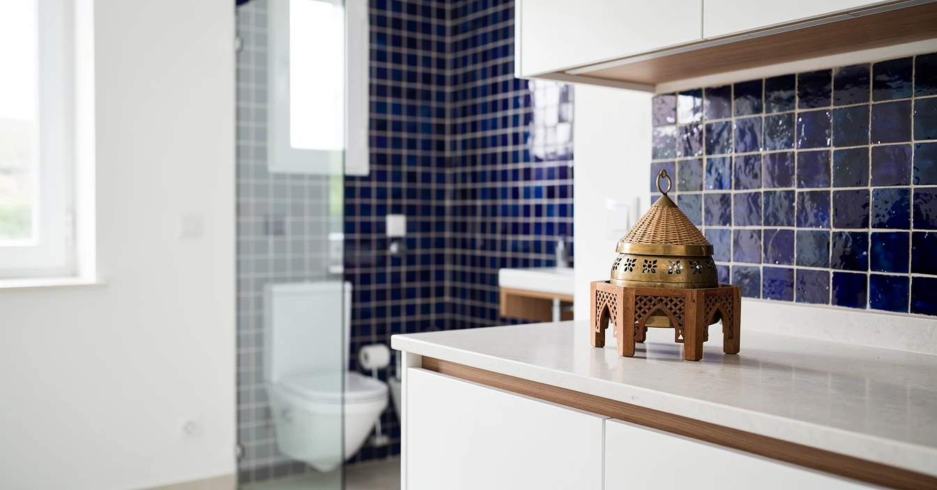 Guide zellige marocain salle bain contemporaine zellige bleu mosaïque douche murs artisanat hammam résidentiel
