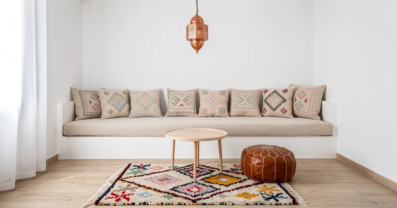 Salon marocain moderne petit espace 22m² compact banquette tapis Azilal coloré pouf cuir équilibre fonctionnel élégant