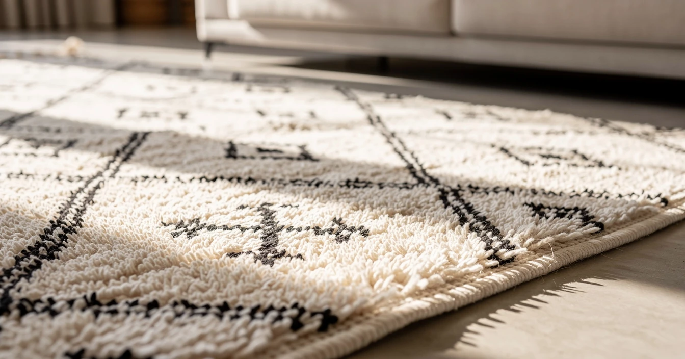 Détails tapis berbère Beni Ouarain texture laine épaisse blanche crème nouage main artisanal losanges noirs géométriques qualité artisanat textile berbère Atlas