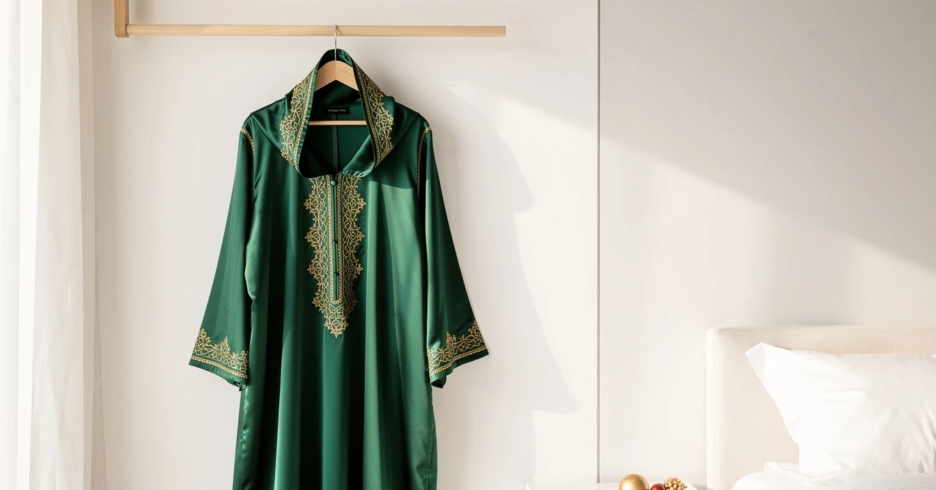 Djellaba femme festive moderne émeraude soie satin broderies sfifa dorées élégante sophistiquée cérémonie mariage Aid mode marocaine cintre bois