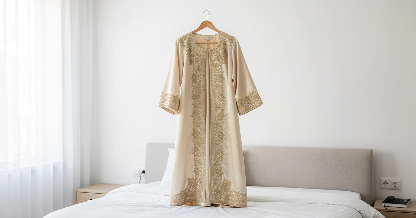 Caftan marocain takchita simple ivoire champagne soie satin broderies sfifa discrètes dorées élégant contemporain cintre chambre lumineuse