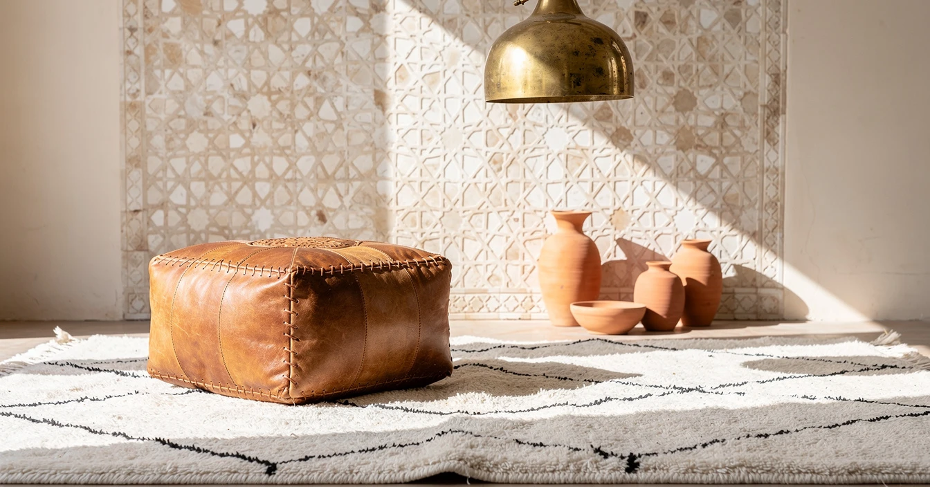 Détails décoration marocaine moderne zellige blanc tapis Beni Ouarain pouf cuir céramique artisanat qualité