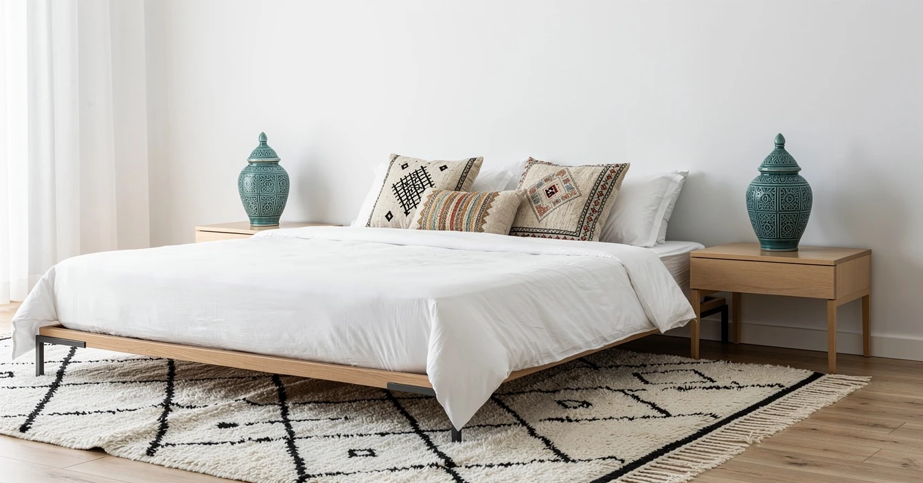 Décoration marocaine chambre minimaliste tapis berbère Beni Ouarain céramique Fès touches artisanales épurées sobres