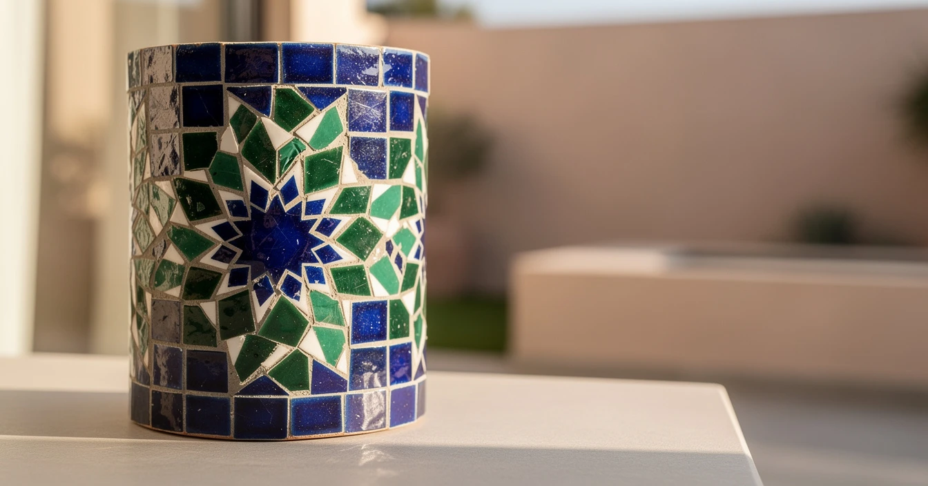 Détails zellige Fès mosaïques bleues vertes motifs géométriques étoilés artisanat traditionnel marocain