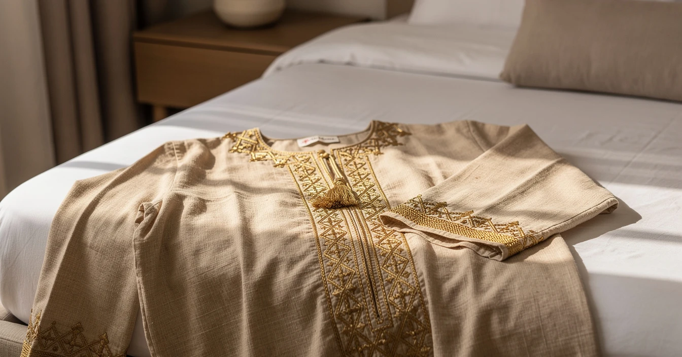 Détails broderies sfifa djellaba pour femme passementeries main fils dorés coton beige artisanat textile marocain qualité