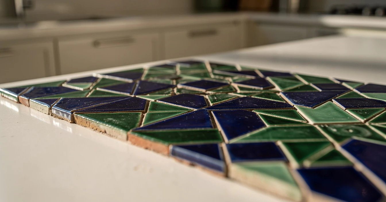 Détails guide zellige marocain carreaux 10x10cm bleu cobalt vert émeraude découpes manuelles assemblages artisanaux Fès