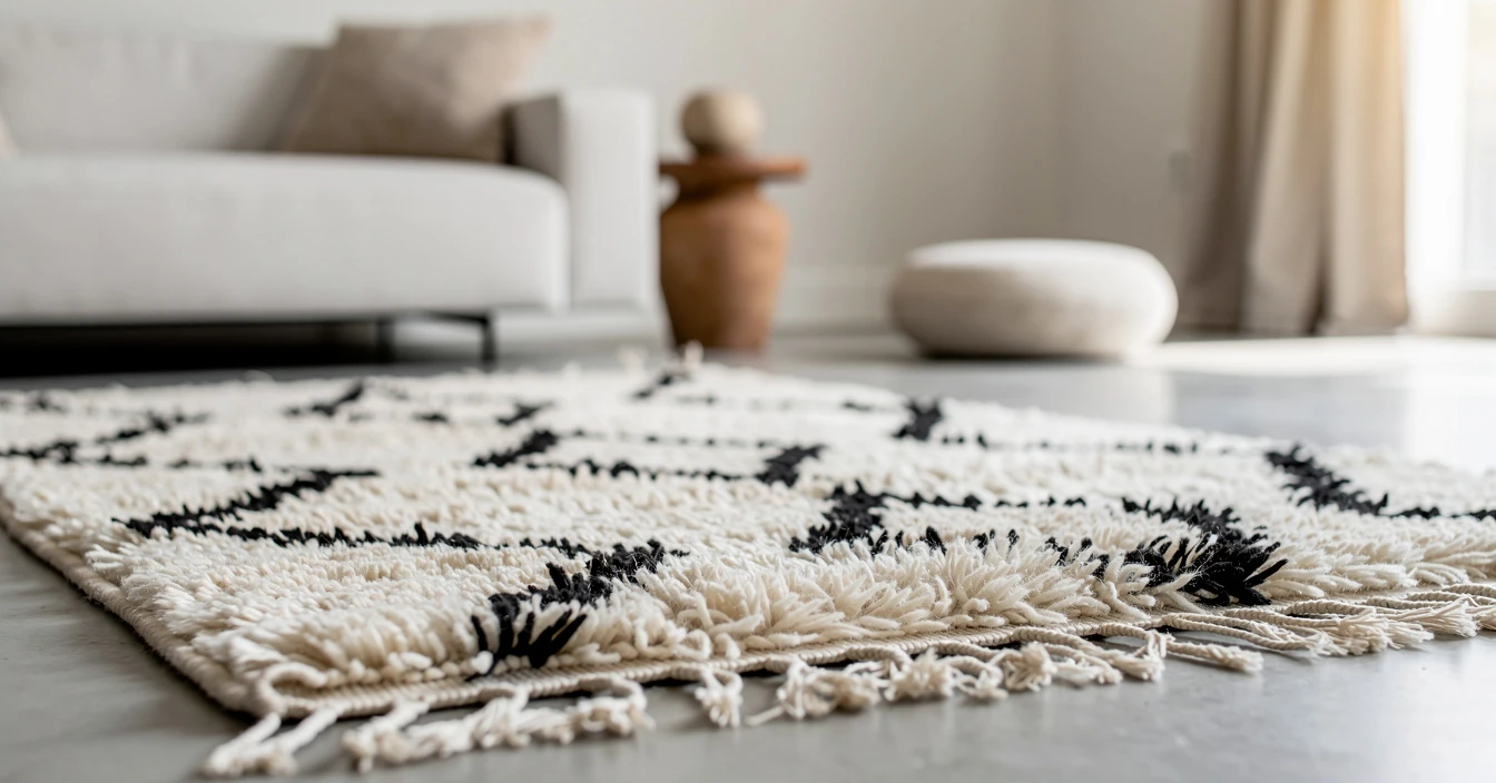 Détails tapis berbère Beni Ouarain laine blanche épaisse motifs losanges noirs tissage main noeuds artisanal franges nouées texture