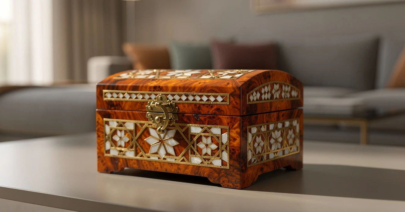 Détails thuya Essaouira bois précieux marqueterie incrustations nacre laiton motifs géométriques artisanat