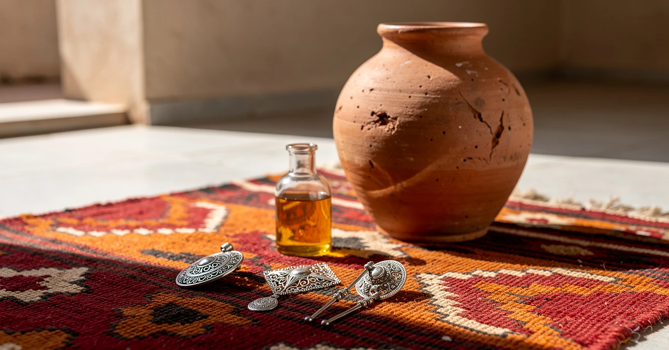 Détails artisanat berbère Souss Agadir kilim tapis rouge orange poterie terre cuite huile argane dorée bijoux argent Tiznit ciselés textures qualité