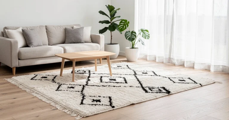 Tapis berbère Beni Ouarain blanc crème losanges noirs géométriques minimalistes salon contemporain scandinave parquet chêne clair canapé lin beige lumière naturelle plantes