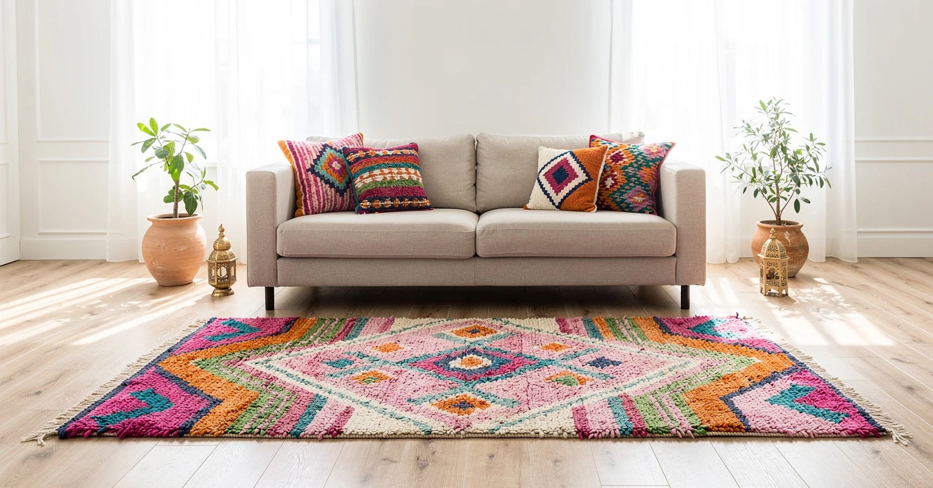Tapis berbère Azilal coloré laine multicolore motifs abstraits graphiques roses oranges bleus salon bohème contemporain canapé beige lumière naturelle
