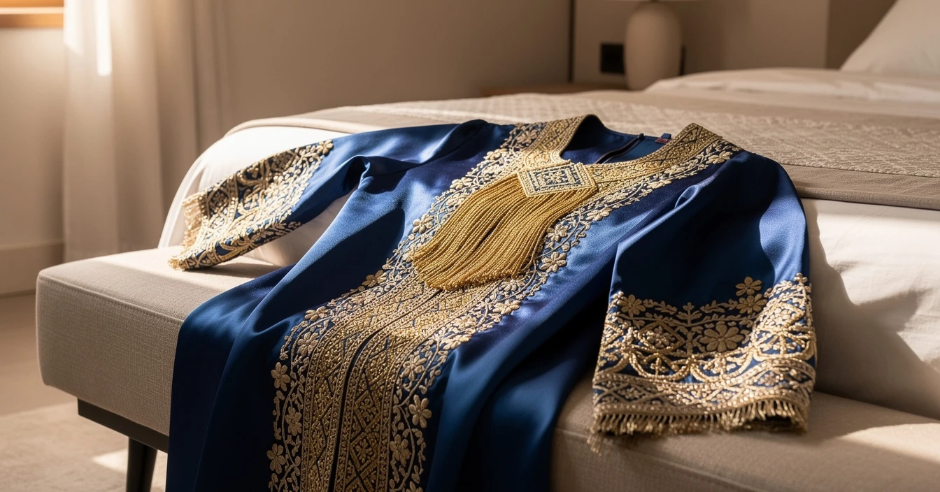 Détails broderies sfifa caftan marocain passementeries main fils dorés soie bleu royal artisanat textile marocain qualité luxe