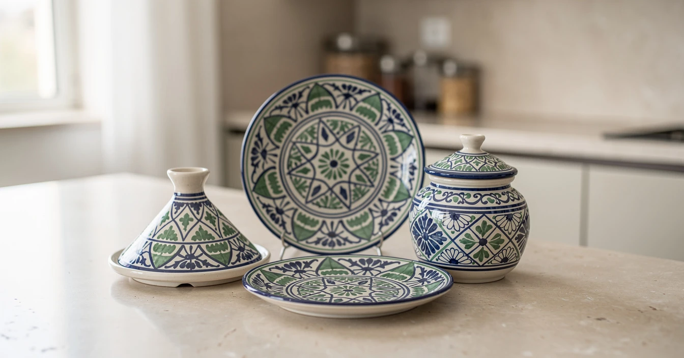 Détails céramique Safi émaux bleus verts motifs géométriques floraux peints main artisanat poterie