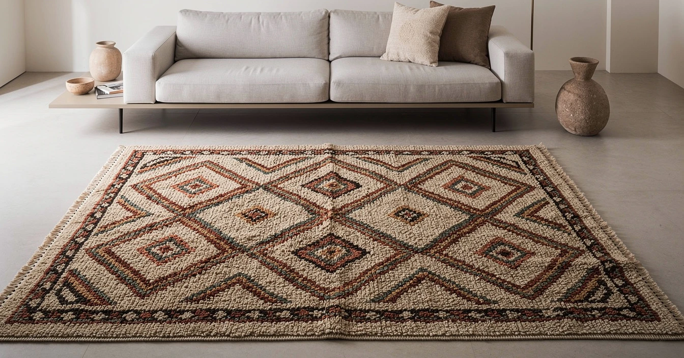 Gros plan sur un tapis Azilal artisanal, couleurs vives, motifs abstraits berbères et détails de tissage clairement visibles