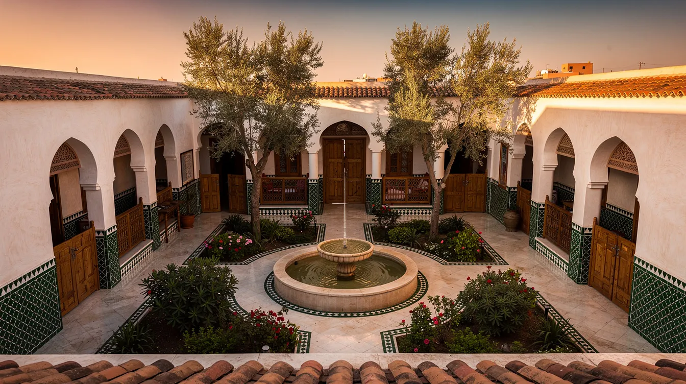 Style riad salon contemporain inspiration tadelakt zellige tapis berbère cèdre sculpté