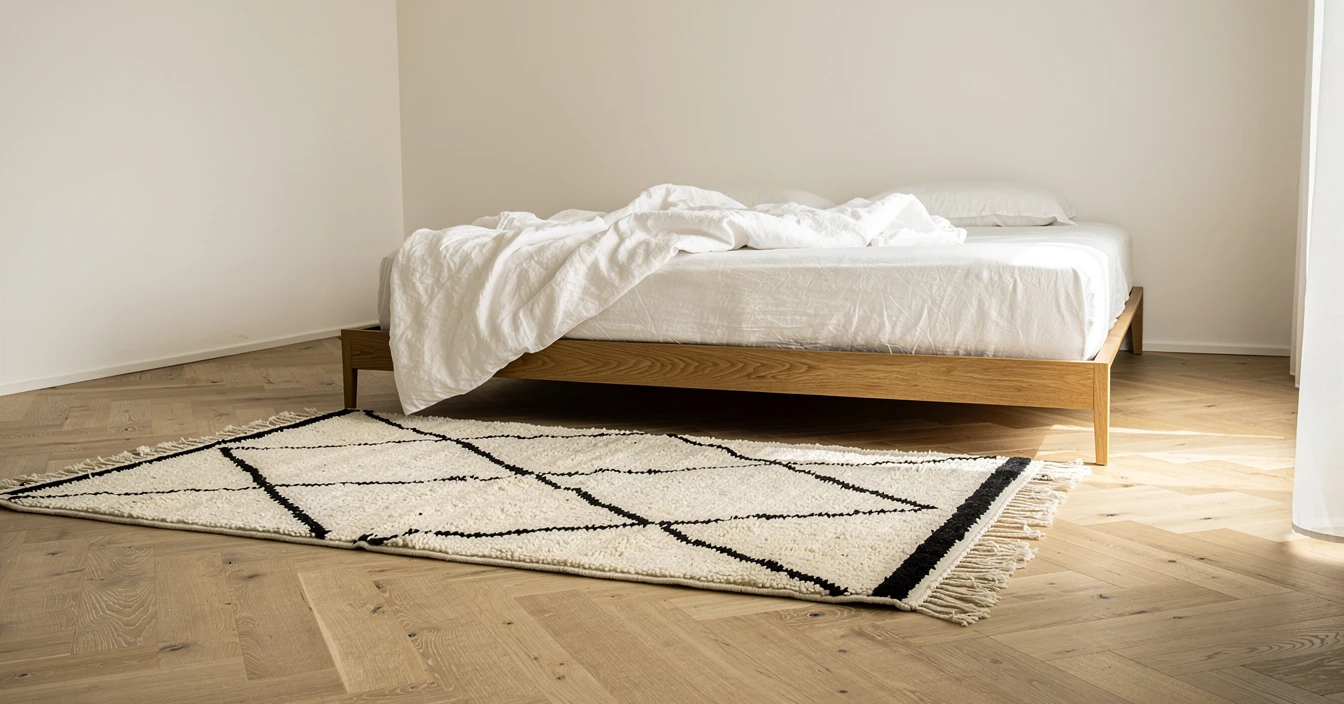 Tapis berbère noir et blanc Beni Ouarain chambre lit chêne literie lin blanc minimaliste