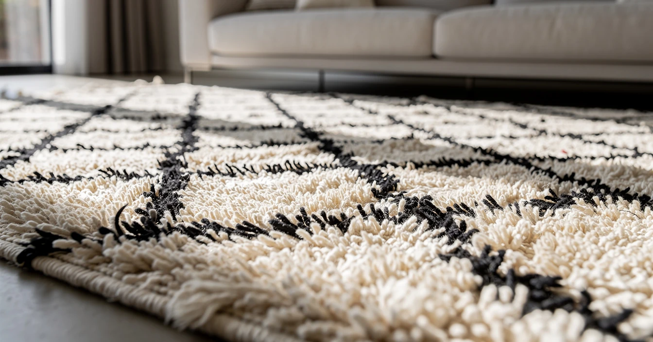Détails tapis berbère noir et blanc laine ivoire nouage main motifs losanges noirs Beni Ouarain
