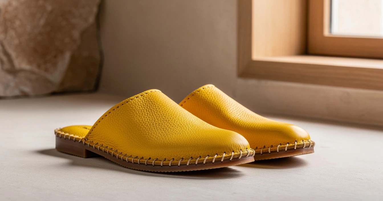 Détails babouches homme cuir jaune safran pleine fleur semelles épaisses finitions manuelles qualité artisanat Fès