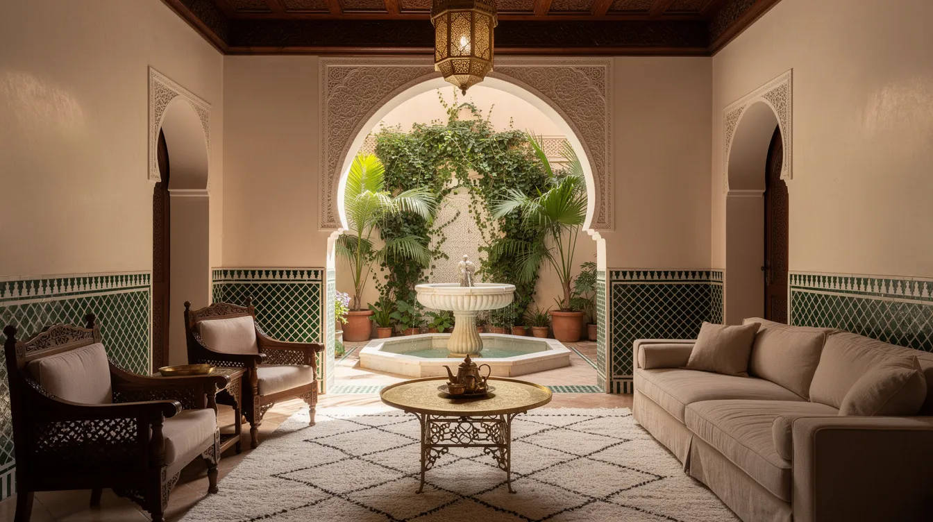 Détails style riad matières bejmat terracotta tadelakt beige zellige bleu cobalt