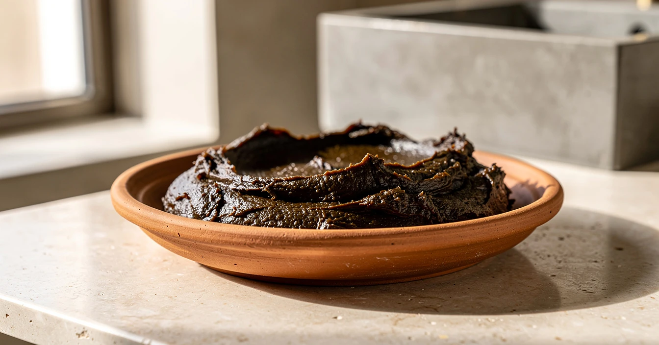 Détails savon noir marocain pâte brune texture artisanale dans bol terre cuite