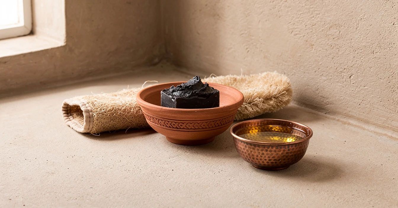 Composition savon noir marocain bol terre cuite gant kessa huile d'argan coupelle cuivre