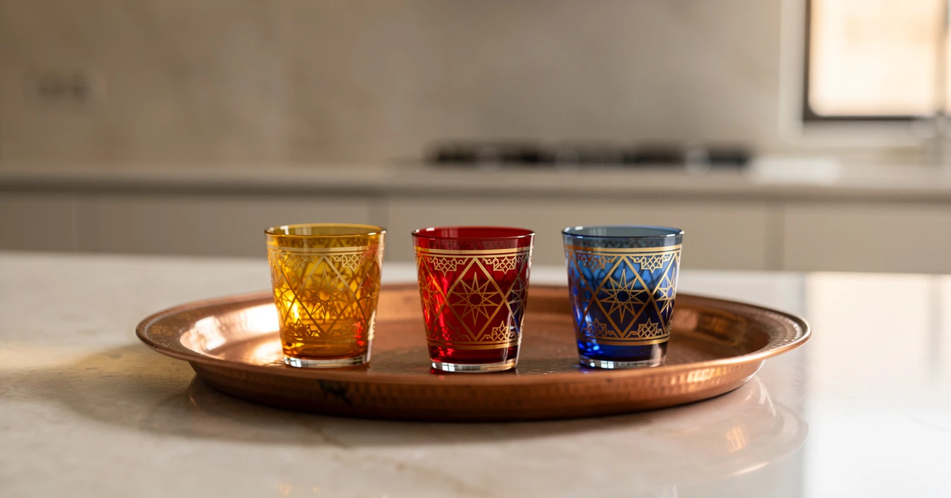 Détails verres à thé marocains colorés peints main sur plateau cuivre martelé de Fès