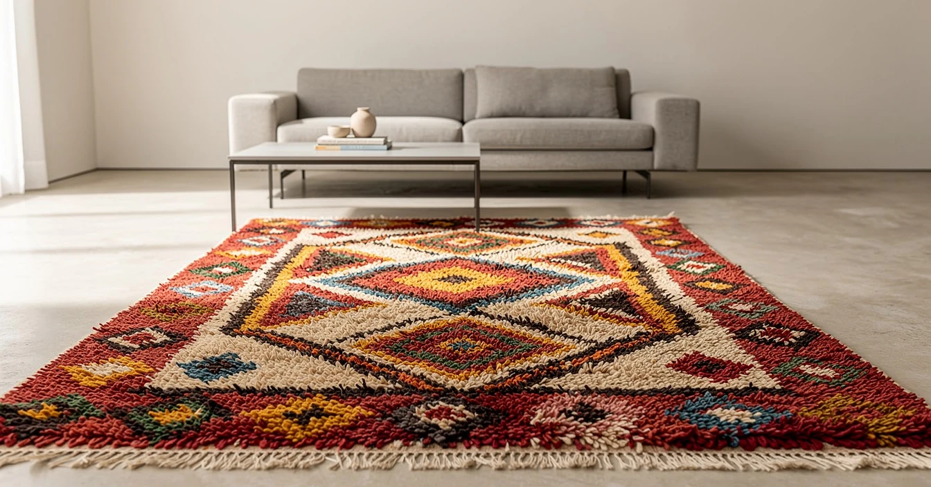 Exemple de tapis Azilal mis en évidence, vu largement avec motifs colorés, texture laineuse et composition centrée sur le tapis